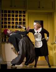 English servant and captive Blonde (Amanda Pabyan, soprano) warns Osmin (David Cushing, bass-baritone) to keep his hands off her, The Abduction from the Seraglio, 2008