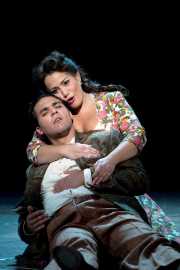 Zerlina (soprano Heather Johnson) consoles her new husband Masetto (baritone Joseph Valone) after his violent encounter with Don Giovanni, Don Giovanni, Boston Lyric Opera, 2009