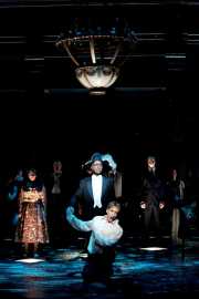 The Commendatore (bass Ulysses Thomas) forces Don Giovanni (baritone Christopher Schaldenbrand) to account for his numerous sins, Don Giovanni, Boston Lyric Opera, 2009