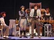 Wolfram (bass Bradley Smoak), Nicklausse (mezzo-soprano Michéle Losier), Maître Luther (baritone Ulysses Thomas) and Mrs. Luther (Lee O’Connell) listen closely as Hoffmann (tenor Gerard Powers) reflects upon a lost love, Les contes d’Hoffmann, Boston Lyric Opera, 2009