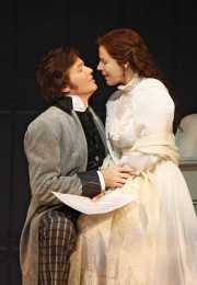 Hoffmann (tenor Gerard Powers) encourages his second love, the sickly Antonia (soprano Georgia Jarman), to make a major sacrifice, Les contes d’Hoffmann, Boston Lyric Opera, 2009