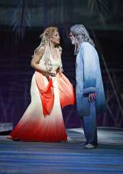 A lovesick Rusalka (soprano Marquita Lister) pleads with her father, Vodník, the Water Gnome, (bass John Cheek) to understand her love for a human, Rusalka, Boston Lyric Opera, 2009