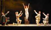 The commedia dell’arte troupe (tenor Tracy Wise, baritone Jesse Blumberg, soprano Rachele Gilmore, bass David Cushing, tenor Julius Ahn) present an entertaining interlude., Ariadne auf Naxos, Boston Lyric Opera, 2010
