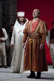 The Greek king Idomeneo (tenor Jason Collins) confesses to the High Priest (tenor Neal Ferreira) that he is responsible for the wrath Neptune has inflicted on his people, Idomeneo re di Creta, Boston Lyric Opera, 2010