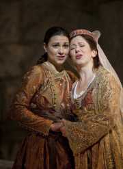 The star-crossed lovers Idamante (mezzo-soprano Sandra Piques Eddy) and Ilia (soprano Camille Zamora) share a bittersweet moment before Idamante heads off to battle, Idomeneo re di Creta, Boston Lyric Opera, 2010