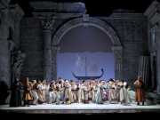 The villagers of Crete cower at the approach of a terrible sea monster sent by the Greek god Neptune, as Elettra (soprano Caroline Worra), Idamante (mezzo-soprano Sandra Piques Eddy), and Idomeneo (tenor Jason Collins) watch in horror, Idomeneo re di Creta, Boston Lyric Opera, 2010