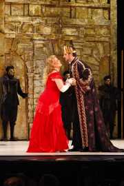 Agrippina (Soprano Caroline Worra), continues her campaign to convince her hushand, Roman Emperor Claudio (Bass-Baritone Christian Van Horn) to name her son Nerone the next Emperor. Photo taken at final dress rehearsal of BLO’s Agrippina by Jeffrey Dunn for Boston Lyric Opera © 2011