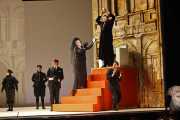 Believing Emperor Claudio to have died at sea, Agrippina (Soprano Caroline Worra) prepares to crown her son Nerone (Countertenor David Trudgen) the new Emperor of Rome. Pallante (Baritone David McFerrin) and Narciso (Countertenor José Álvarez) cower on either side. Photo taken at final dress rehearsal of BLO’s Agrippina by Jeffrey Dunn for Boston Lyric Opera © 2011