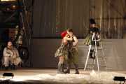 Soldier Girl (Kathryn Skemp, soprano) rebels against the war and embraces love by kissing A Solider (tenor Julius Ahn) as a pleased Harlequin tenor John Mac Master) and a horrified Drummer (Jamie Van Eyck, mezzo-soprano) look on, 2011
