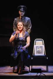 Jamie Van Eyck, mezzo-soprano, as The Daughter singing about a photo of her father taken before the war. The spirit of her father, Kevin Burdette, bass, stands behind her in BLO's world premiere prologue, The After-Image, composed by Richard Beaudoin, which precedes the opera, 2011