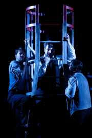 The cast of The Lighthouse. Christopher Burchett (Officer 2/Blazes), David Cushing (Officer 3/Arthur/Voice of the Cards), and John Bellemer (Officer 1/Sandy), The Lighthouse, Boston Lyric Opera, 2011
