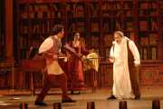 Baritone Jonathan Beyer as Figaro, Soprano Sarah Coburn as Rosina, and Baritone Steven Condy as Dr. Bartolo in Boston Lyric Opera’s The Barber of Seville., 2012