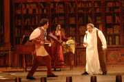 Baritone Jonathan Beyer as Figaro, Soprano Sarah Coburn as Rosina, and Baritone Steven Condy as Dr. Bartolo in Boston Lyric Opera’s The Barber of Seville., 2012