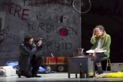 (l.-r.) Rodolfo (Jesus Garcia) playfully captures film footage of Mimi (Kelly Kaduce) soon after the pair meet in 1960s Paris, in Boston Lyric Opera’s new production of “La Bohème,” directed by Rosetta Cucchi in her U.S. debut and running Oct 2-11 at the Citi Performing Arts Center Shubert Theatre in Boston