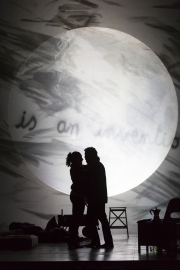 (l.-r.) Rodolfo (Jesus Garcia) and Mimi (Kelly Kaduce) fall in love under a moonlit sky in Boston Lyric Opera’s new production of “La Bohème,” directed by Rosetta Cucchi in her U.S. debut and running Oct 2-11 at the Citi Performing Arts Center Shubert Theatre in Boston