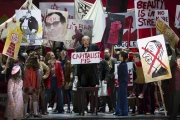 (l.-r.) To the chagrin of state councilor Alcindoro (the internationally acclaimed James Madaelena) revolution foments on the streets of 1960s in Boston Lyric Opera’s new production of “La Bohème,” directed by Rosetta Cucchi in her U.S. debut and running Oct 2-11 at the Citi Performing Arts Center Shubert Theatre in Boston