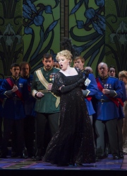 Erin Wall, as Hanna Glawari, surrounded by ensemble in Boston Lyric Opera’s new production of The Merry Widow running April 29-May 8 at the Citi Shubert Theater.