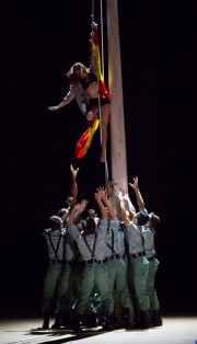 A town woman is hoisted up a flagpole by a group of unruly soldiers in Boston Lyric Opera’s production of Georges Bizet’s “Carmen” directed by Calixto Bieito. “Carmen” opens BLO’s 40th Season, at the Boston Opera House through October 2.