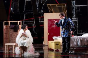 Count Almaviva (David Pershall, r.) admonishes Countess Almaviva (Nicole Heaston) for allegedly having an affair in Boston Lyric Opera’s new production of “The Marriage of Figaro” running through May 7 at John Hancock Hall