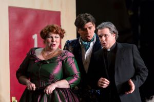 (l.-r.) Marcellina (Michelle Trainor), Count Almaviva (David Pershall) and Don Curzio (Brad Raymond) concoct a scheme in Boston Lyric Opera’s new production of “The Marriage of Figaro” running through May 7 at John Hancock Hall