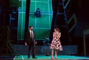 Figaro (Evan Hughes, l.) advises young Barbarina (Sara Womble) who pines for the Cherubino in Boston Lyric Opera’s new production of “The Marriage of Figaro” running through May 7 at John Hancock Hall