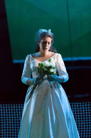 Susanna (Emily Birsan) has a contemplative moment after her joyous wedding in Boston Lyric Opera’s new production of “The Marriage of Figaro” running through May 7 at John Hancock Hall