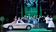 The court bids farewell to Figaro and Susanna (in car) as the race off to a honeymoon after their wedding in Boston Lyric Opera’s new production of “The Marriage of Figaro” running through May 7 at John Hancock Hall