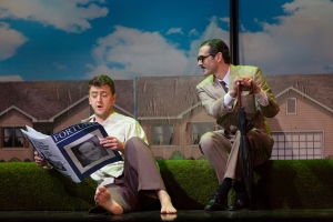 (l.-r.) Tom Rakewell (Ben Bliss) ponders life beyond his suburban existence, as the spectre of Igor Stravinsky (Yury Yanowsky) looks on in Boston Lyric Opera’s new production of Stravinsky’s THE RAKES PROGRESS, running through March 19 at the Emerson Majestic Theater