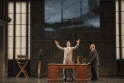 Irving Thalberg (Jesse Darden, c.) proclaims to Arnold Schoenberg (Omar Ebrahim, l.) his confidence in the new artform of film in Boston Lyric Opera’s World Premiere SCHOENBERG IN HOLLYWOOD by composer Tod Machover and librettist Simon Robson.