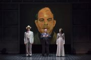 Framed by a self-portrait painting, Arnold Schoenberg (Omar Ebrahim, c.) recalls a romantic moment from his past, reenacted by Jesse Darden (l.) and Sarah Womble (r.) in Boston Lyric Opera’s World Premiere SCHOENBERG IN HOLLYWOOD by composer Tod Machover and librettist Simon Robson.