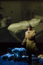 In the style of a film noir, Arnold Schoenberg (Omar Ebrahim) recounts the story of his wife Mathilde’s affair in Boston Lyric Opera’s World Premiere SCHOENBERG IN HOLLYWOOD by composer Tod Machover and librettist Simon Robson.