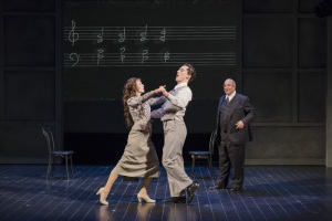 As Arnold Schoenberg (Omar Ebrahim, r.) looks on during a music lesson, his music students (l.-r. Sarah Womble and Jesse Darden) break into a fanciful dance in Boston Lyric Opera’s World Premiere SCHOENBERG IN HOLLYWOOD by composer Tod Machover and librettist Simon Robson.