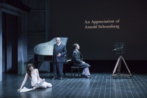 (l.-r.) Sarah Womble, Omar Ebrahim (as Arnold Schoenberg) and Jesse Darden reflect on the composer’s life in Boston Lyric Opera’s World Premiere SCHOENBERG IN HOLLYWOOD by composer Tod Machover and librettist Simon Robson.