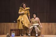 Lucy (Chelsea Basler, l.) silences Polly Peachum (Kelly Kaduce), her rival for Macheath’s affections with a piece of cake in the Boston Lyric Opera’s production of Weill and Brecht’s THE THREEPENNY OPERA, running March 16-25 at the Huntington Avenue Theatre.  BLO.org.