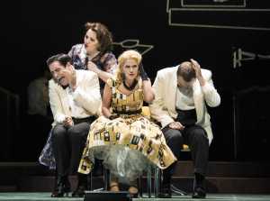 Heather Johnson as “Dinah” (rear) scolds her children (l.-r.) Neal Ferreira, Mara Bonde and Vincent Turregano in Boston Lyric Opera’s TROUBLE IN TAHITI/ARIAS AND BARCAROLLES, playing thru May 20.  Tickets www.BLO.org