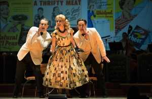 (l.-r.) In the form of a jazzy trio, as well as other characters, Vincent Turregano, Mara Bonde and Neal Ferreira comment on the action in Boston Lyric Opera’s TROUBLE IN TAHITI/ARIAS AND BARCAROLLES, playing thru May 20.  Tickets www.BLO.org