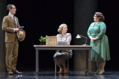 Timothy Laughlin (Jesse Darden) visits the State Department office for the first time, meeting Hawkins Fuller’s assistant Mary Johnson (Chelsea Basler) and secretary Miss Lightfoot (Michelle Trainor) in Boston Lyric Opera’s production of “Fellow Travelers,” playing Nov. 13-17 at the Emerson Paramount Center.