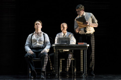 Hawkins Fuller (Jesse Blumberg, l.) takes a lie detector test administered by two interrogators (Simon Dyer, center, and David McFerrin , r.) to determine if he’s guilty of “sexual deviance” in Boston Lyric Opera’s production of “Fellow Travelers,” playing Nov. 13-17 at the Emerson Paramount Center.