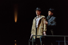 On the roof of a DC building, Timothy Laughlin (Jesse Darden, l.) despairs about the state of his relationship with Hawkins Fuller (Jesse Blumberg), and tells him he has enlisted, in Boston Lyric Opera’s production of “Fellow Travelers,” playing Nov. 13-17 at the Emerson Paramount Center.