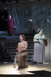 While men of Rome are off at war, Lucretia (Kelley O’Connor, center) her nurse Bianca (Margaret Lattimore, r.), and the Female Chorus (Antonia Tamer, above) sing of the duties and the emotions of the women left behind in Boston Lyric Opera’s production of “The Rape of Lucretia” March 11-17 at Artists for Humanity EpiCenter.