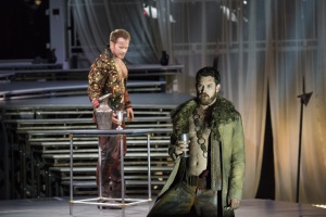 Facing harassment from Tarqunius (Duncan Rock, rear) about his faithful wife, Collatinus (Brandon Cedel, fore) sings of love, war and fidelity in Boston Lyric Opera’s production of “The Rape of Lucretia” March 11-17 at Artists for Humanity EpiCenter.