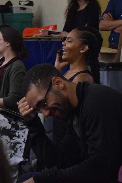 Lauren Michelle and Nicholas LaGesse laugh with BLO staff while working on Boston Lyric Opera's 2019 production of Pagliacci