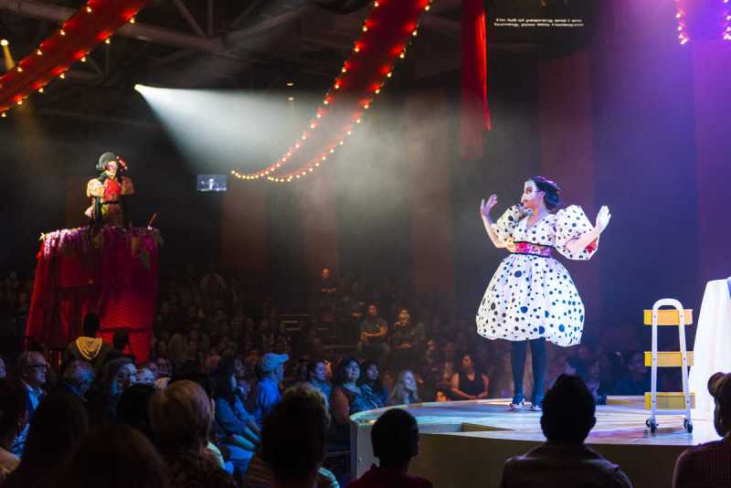 Lauren Michelle’s character Nedda performs as Colombina and Omar Najmi’s character performs as her lover, Harlequin while he serenades her from afar. Boston Lyric Opera's 2019 production of Pagliacci