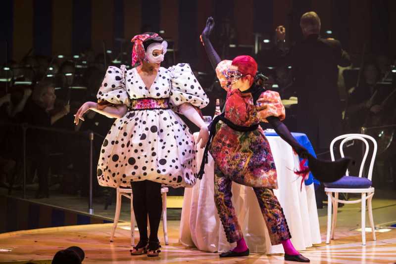 Lauren Michelle as Nedda playing Columbina, and Omar Najmi as Beppe playing Harlequin in Boston Lyric Opera’s production of Ruggero Leoncavallo’s Pagliacci.