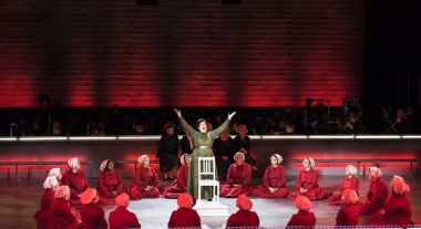 Aunt Lydia (Caroline Worra) leads the handmaids through their prayers in Boston Lyric Opera’s production of “The Handmaid’s Tale,” running through May 12. BLO.org.