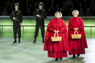 Ofglen (Michell Trainor) and Offed (Jennifer Johnson Cano) try not to seem suspicious on their daily walk in Boston Lyric Opera’s production of “The Handmaid’s Tale,” running through May 12. BLO.org.