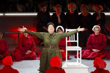 Aunt Lydia (Caroline prepares the handmaidens for a birthing ritual in Boston Lyric Opera’s production of “The Handmaid’s Tale,” running through May 12. BLO.org.