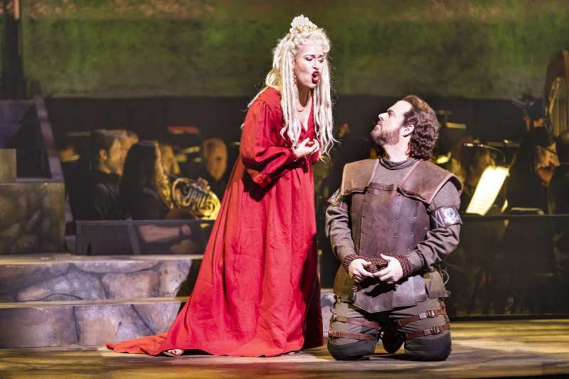 Elena Stikhina as Norma questions Jonathan Burton as Pollione and tries to win him back in the final scenes of the opera in Boston Lyric Opera's 2020 production of Norma