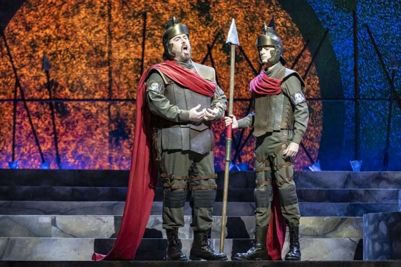Jonathan Burton as Pollione confides in his friend Flavio sung by Omar Najmi that he no longer loves Norma but instead loves Adalgisa in Boston Lyric Opera's 2020 production of Norma