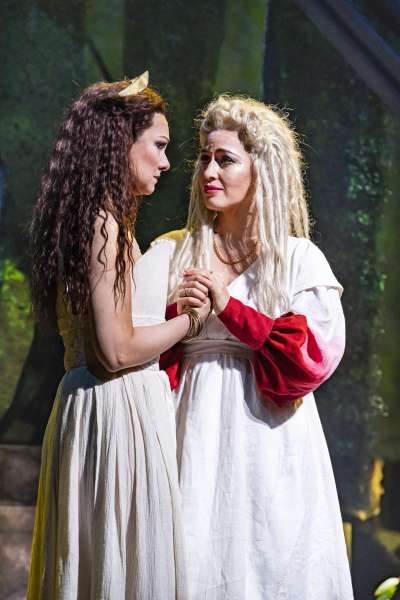 Sandra Piques Eddy as Adalgisa admits she has fallen in love to her leader Norma sung by Elena Stikhina in Boston Lyric Opera's 2020 production of Norma